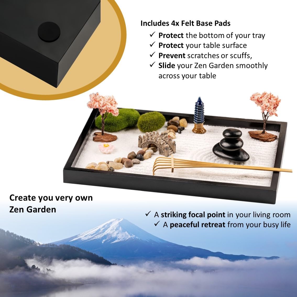 Zen Garden Kit 11X8In. Beautiful Japanese Decor Mini Rock Garden Gift Set for Home, Office Desk. Zen Sand Garden, 6 Tools, 15 Accessories. Sand Tray Therapy Desktop Meditation Room