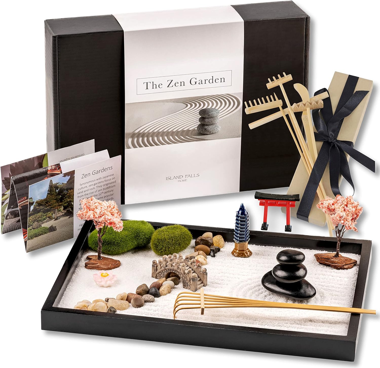 Zen Garden Kit 11X8In. Beautiful Japanese Decor Mini Rock Garden Gift Set for Home, Office Desk. Zen Sand Garden, 6 Tools, 15 Accessories. Sand Tray Therapy Desktop Meditation Room