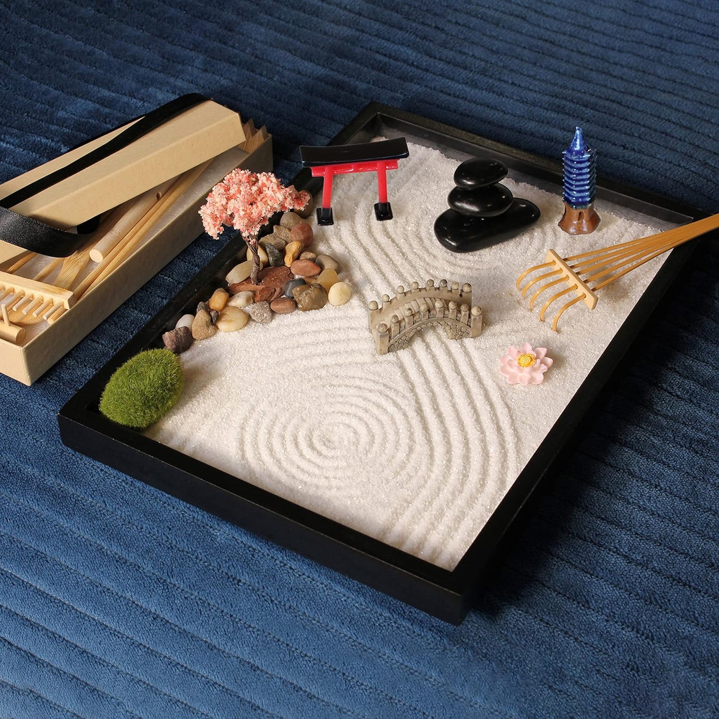 Zen Garden Kit 11X8In. Beautiful Japanese Decor Mini Rock Garden Gift Set for Home, Office Desk. Zen Sand Garden, 6 Tools, 15 Accessories. Sand Tray Therapy Desktop Meditation Room