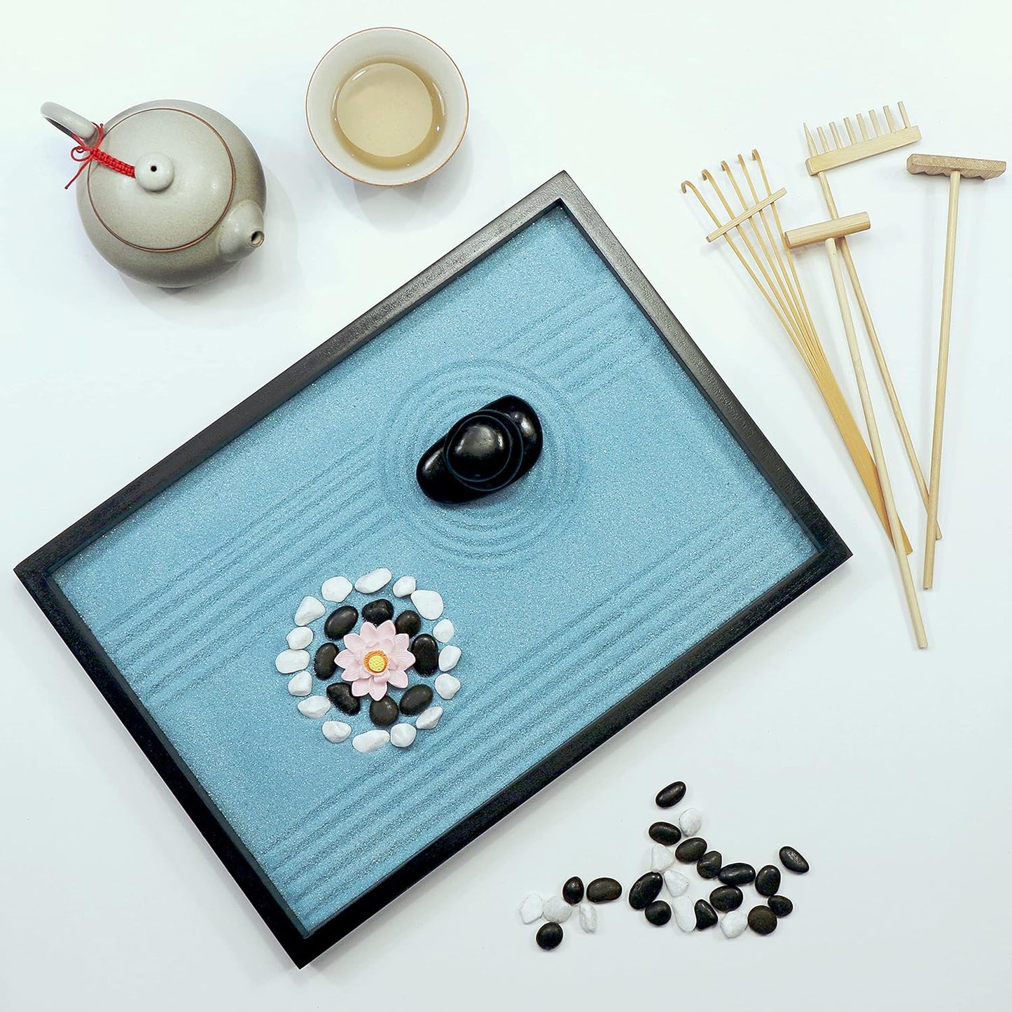 Oasis of Calm Zen Garden Kit. 11X8 Beautiful Premium Japanese Decor Mini Rock Garden Meditation Gifts Set. Home, Office Desk Accessories. Zen Decor Zen Sand Garden. Aqua Blue Sand, 6 Tools, 6 Feature